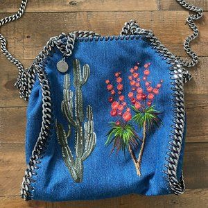 Stella McCartney Falabella Fold Over Embroidered Mini Blue Denim Cross Body Bag